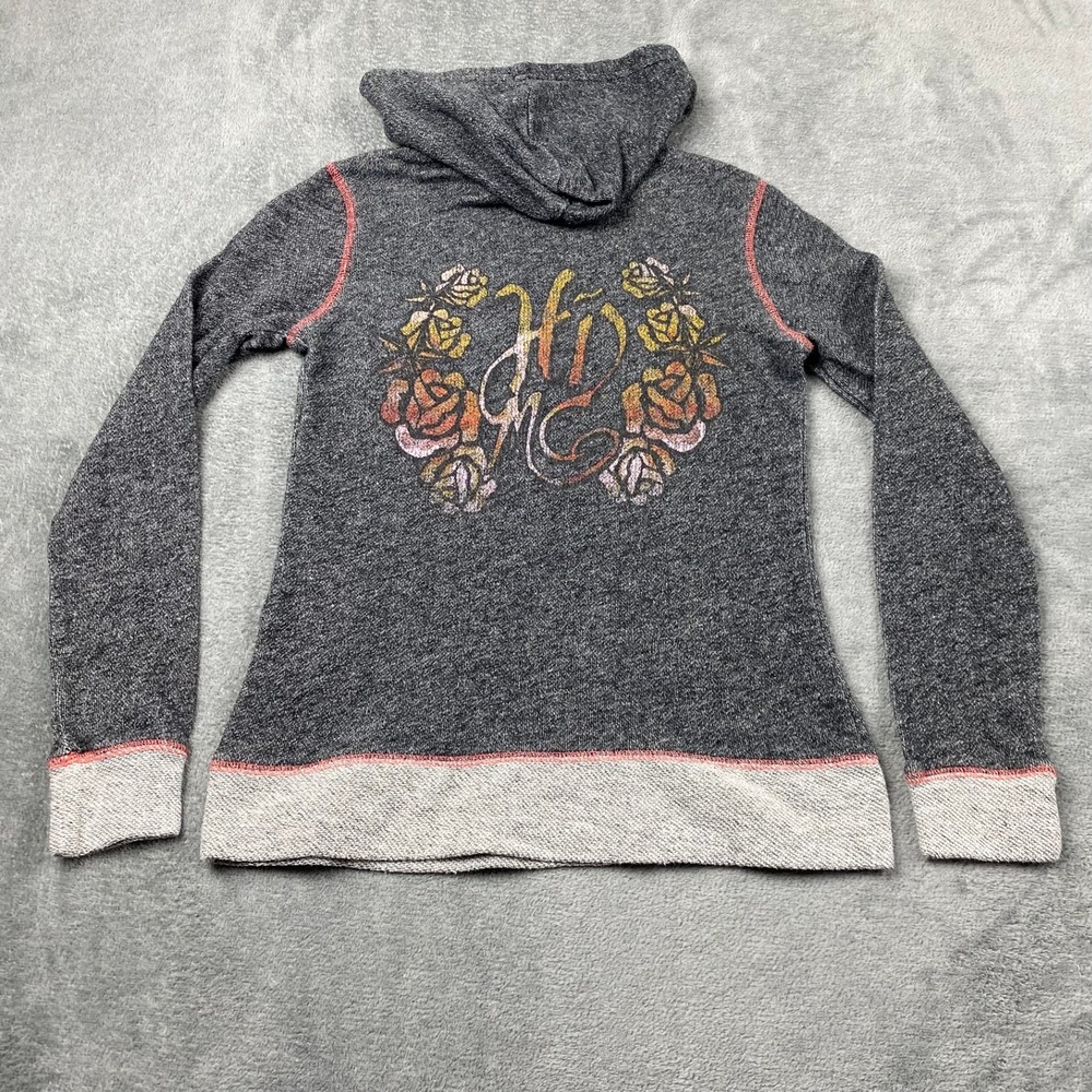 Harley-Davidson Womens XS Hoodie Grey Pink Floral Roses Graphic Pullover